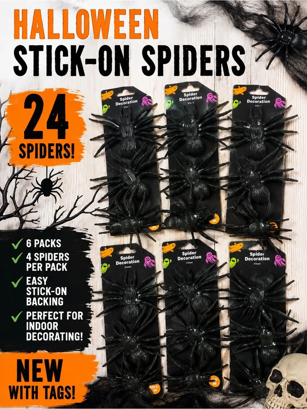 Halloween Black Spider Decorations Bundle 24 Stick-On Spiders NWT